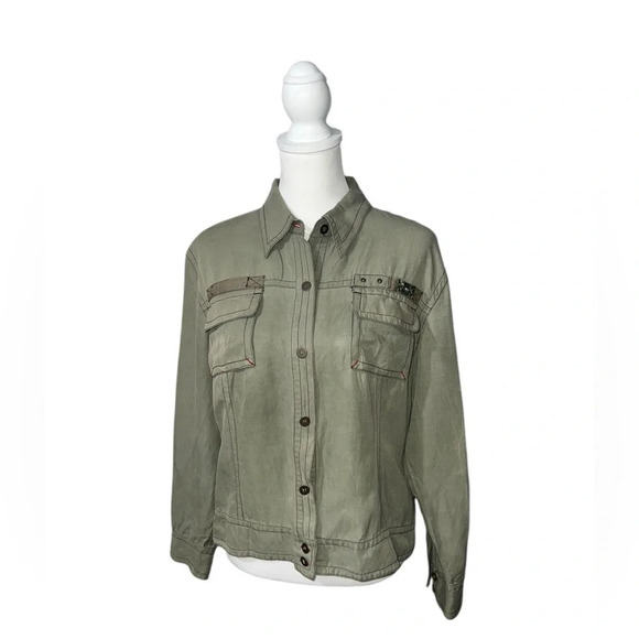 CHICOS Size Large Olive Green Short Bomber Jacket Linen Silk Blend - Picture 1 of 6